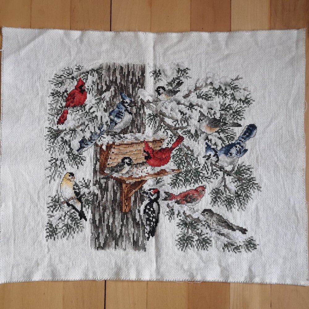 Janlynn "The Gathering Place" Counted Cross Stitch w/ Birds & Feeder Unframed